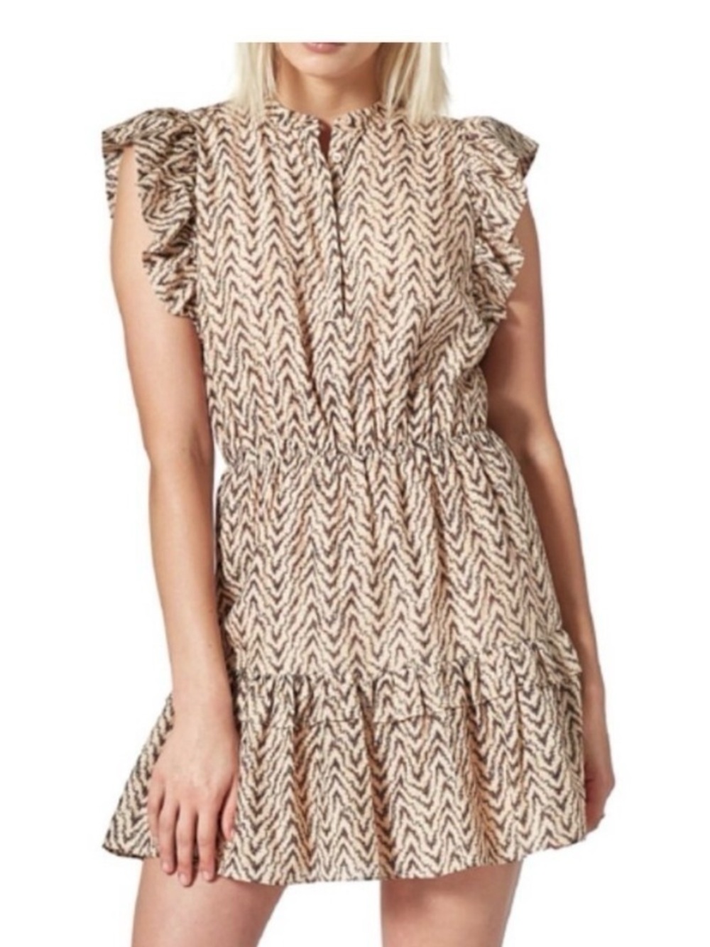 Joie Krystina C Chevron Print Ruffle Sleeve Mini Dress Size L
